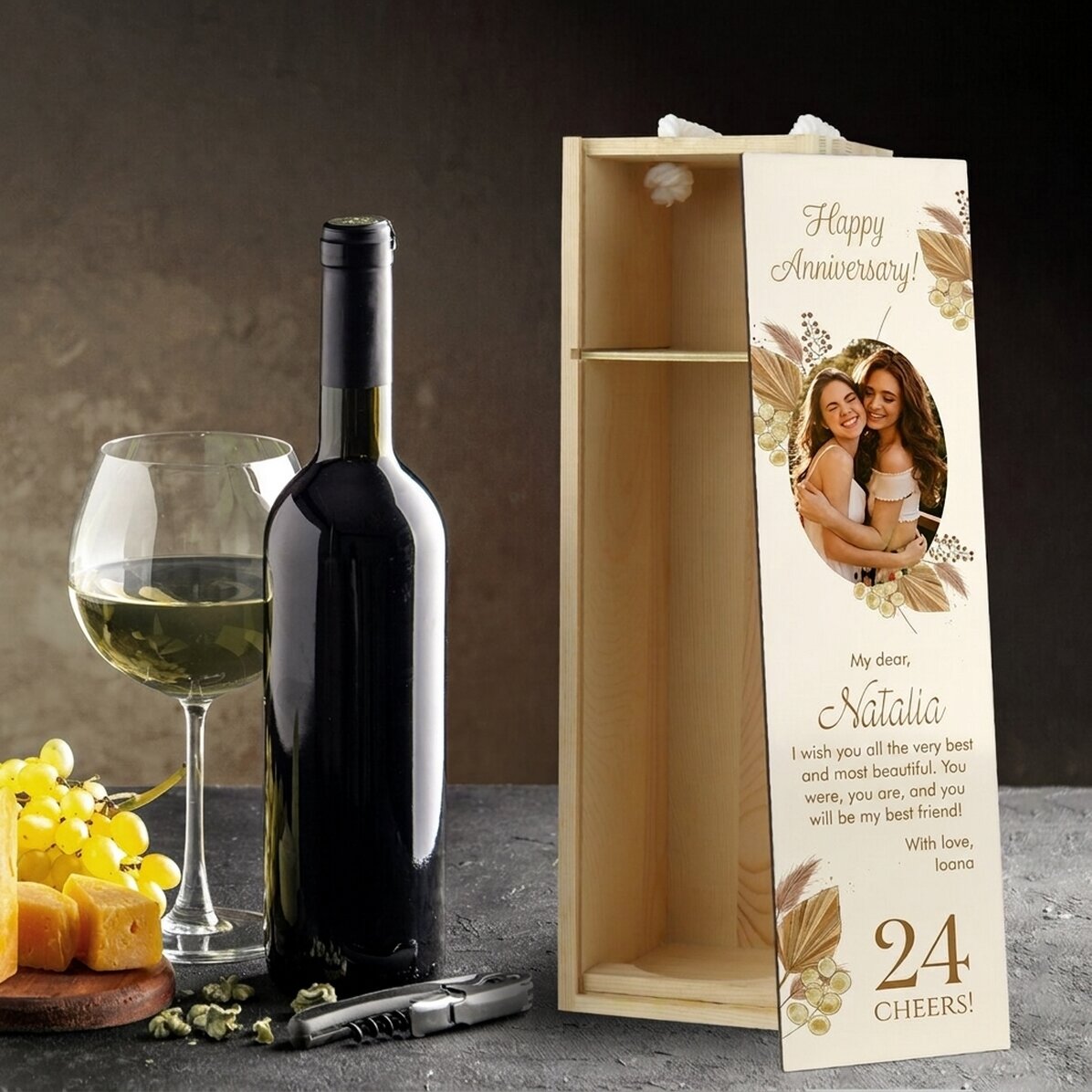 Personalisierte Weinkiste mit Foto und Text – Herzlichen Glückwunsch zum Geburtstag