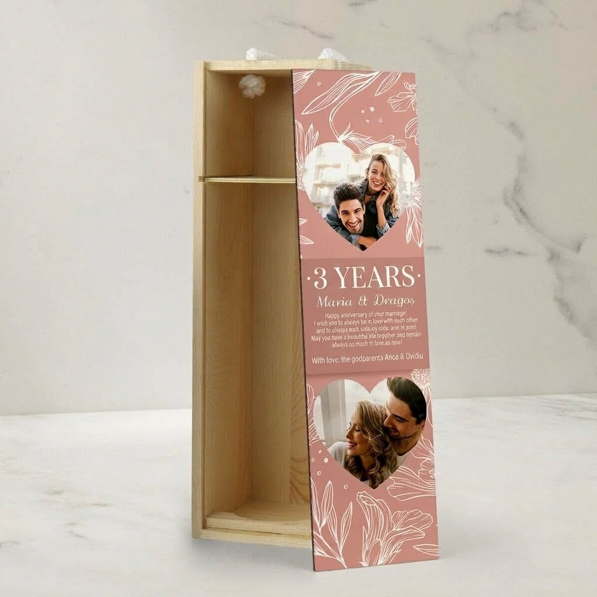 Personalisierte Weinkiste mit Text und 2 Fotos – Hochzeitstag