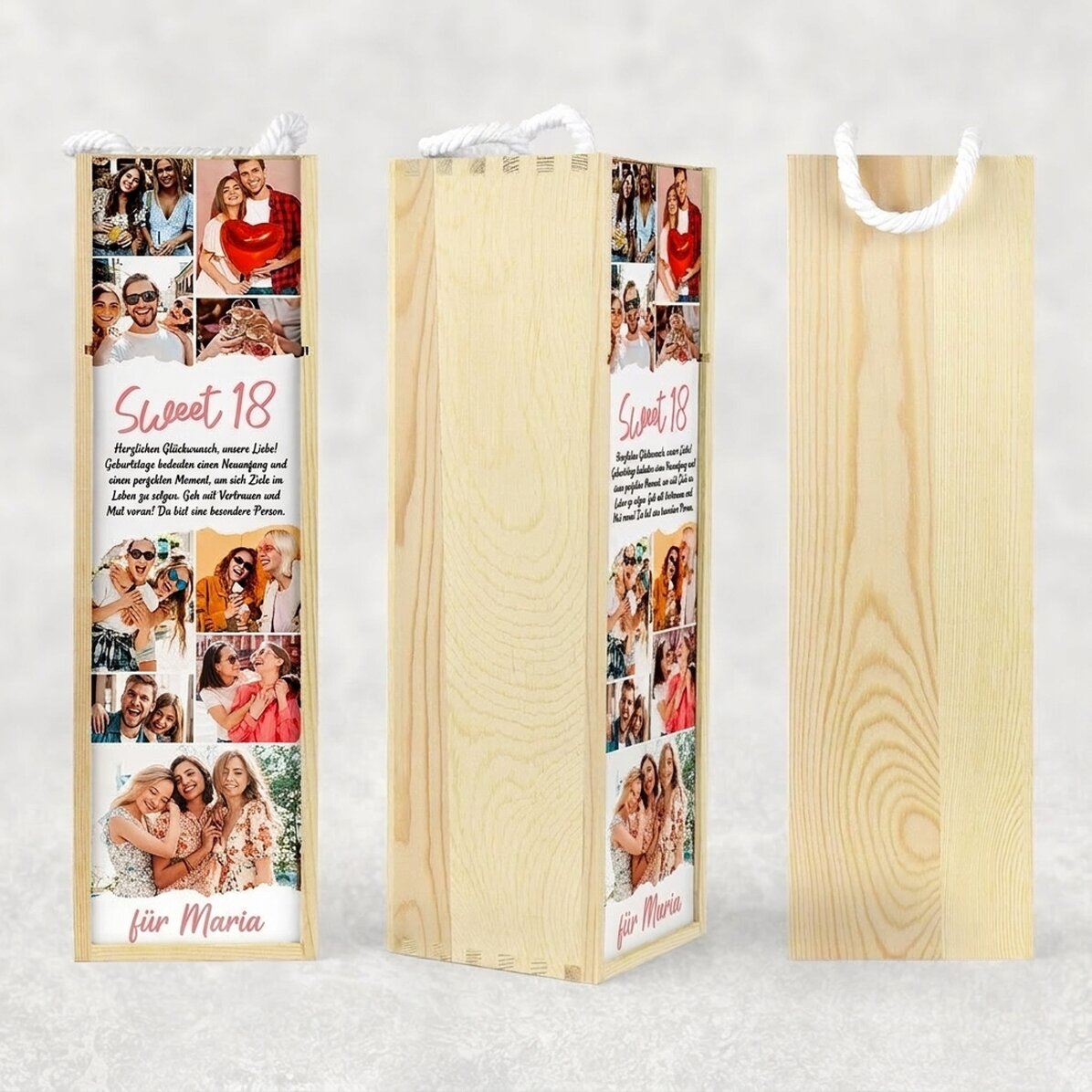 Personalisierte Weinkiste mit Text und 9 Fotos zum Geburtstag – Sweet 18