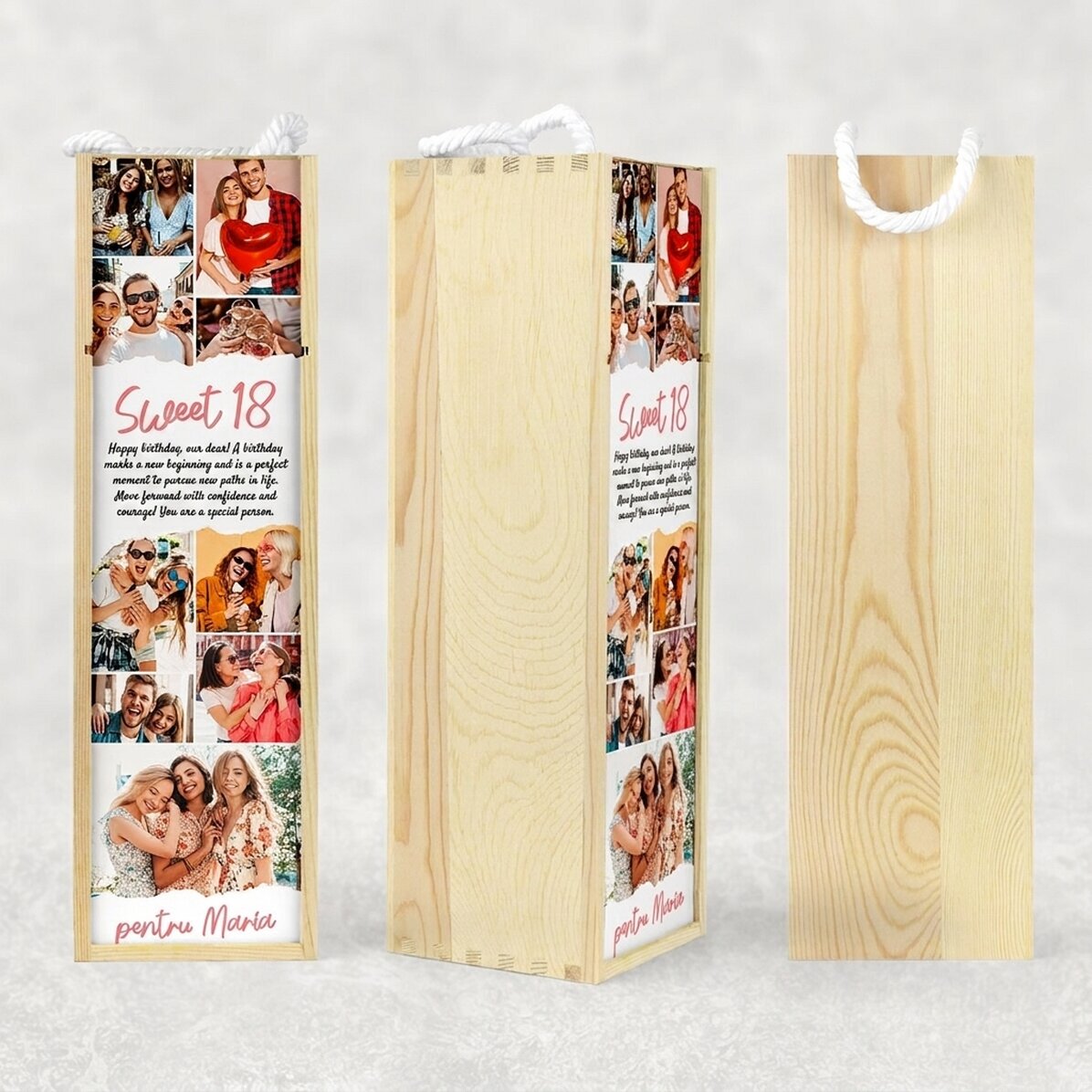 Personalisierte Weinkiste mit Text und 9 Fotos zum Geburtstag – Sweet 18