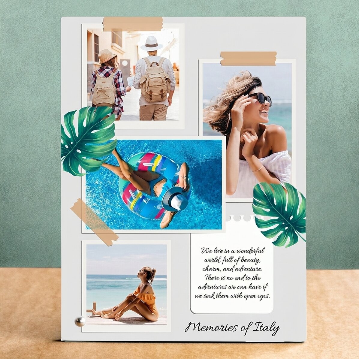 Personalisierter Fotorahmen für den Schreibtisch mit 4 Fotos und Text – Urlaubserinnerungen