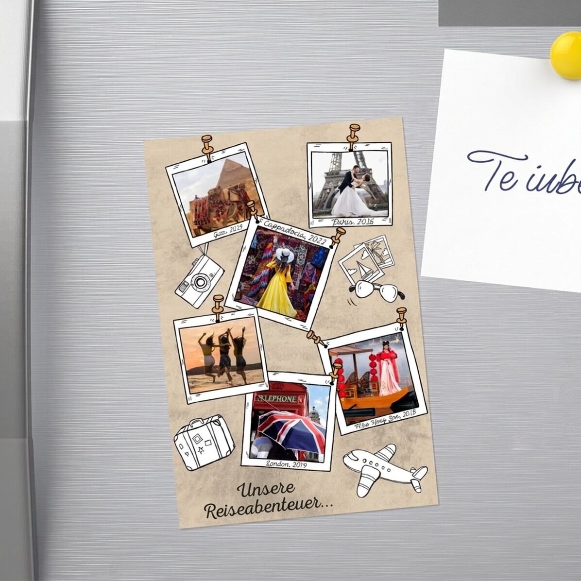 Individuell gestalteter Magnet (10 x 15 cm) mit 6 Fotos und Text – Urlaubserinnerungen