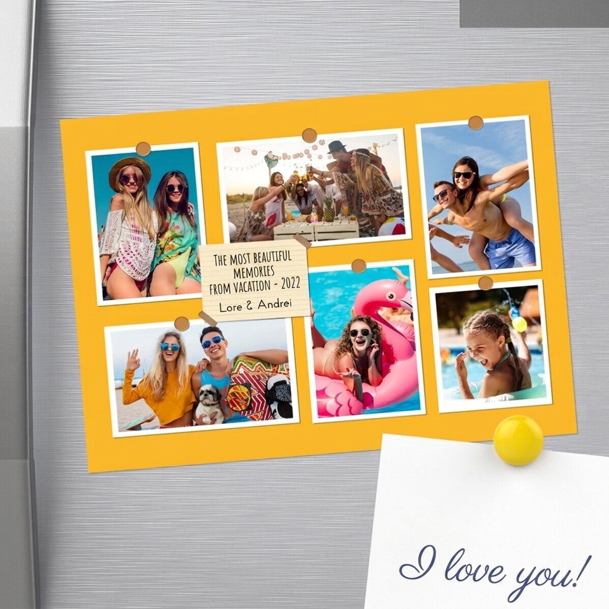 Individuell gestalteter Magnet (18 x 13 cm) mit 6 Fotos und Text – Erinnerungen
