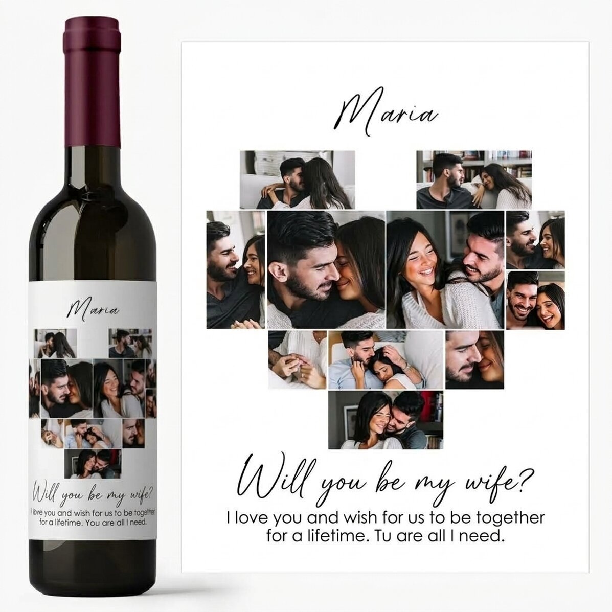 Personalisierter Wein mit 11 Fotos und einer Botschaft – Willst du meine Frau werden?