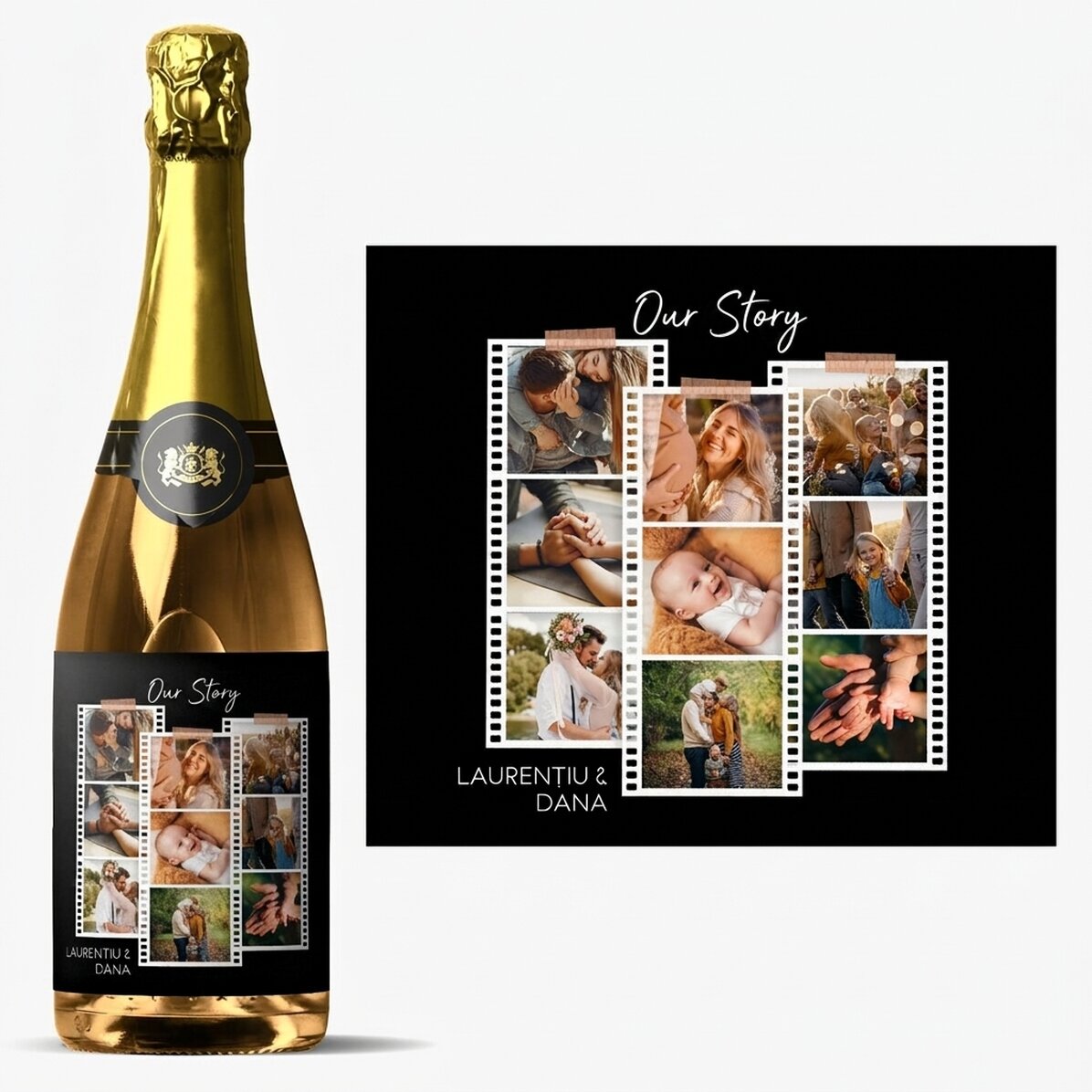 Personalisierter Sekt mit 9 Fotos und einer Botschaft – Fotos auf einer Folie