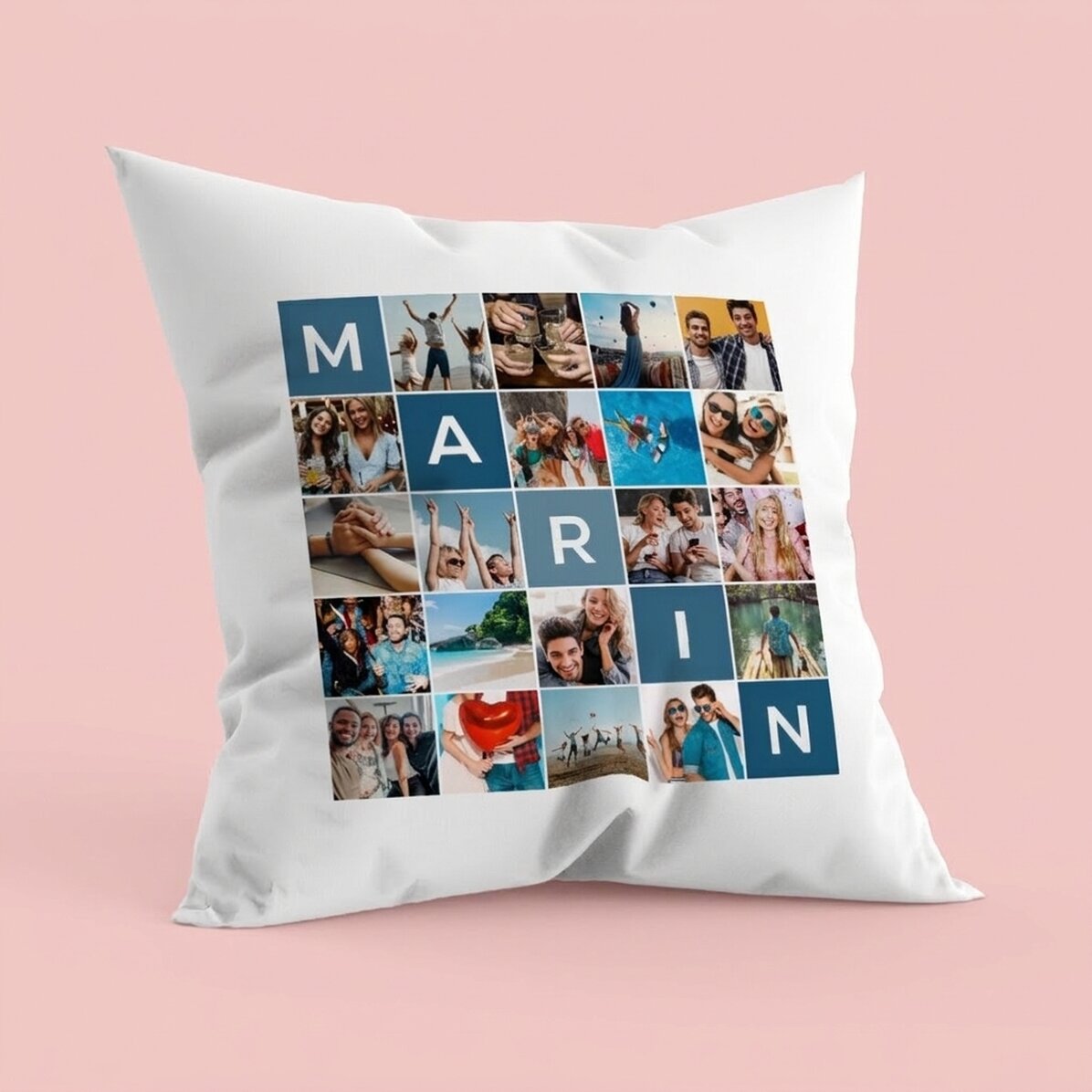 Personalisiertes Kissen mit 20 Fotos und einem Namen aus 5 Buchstaben