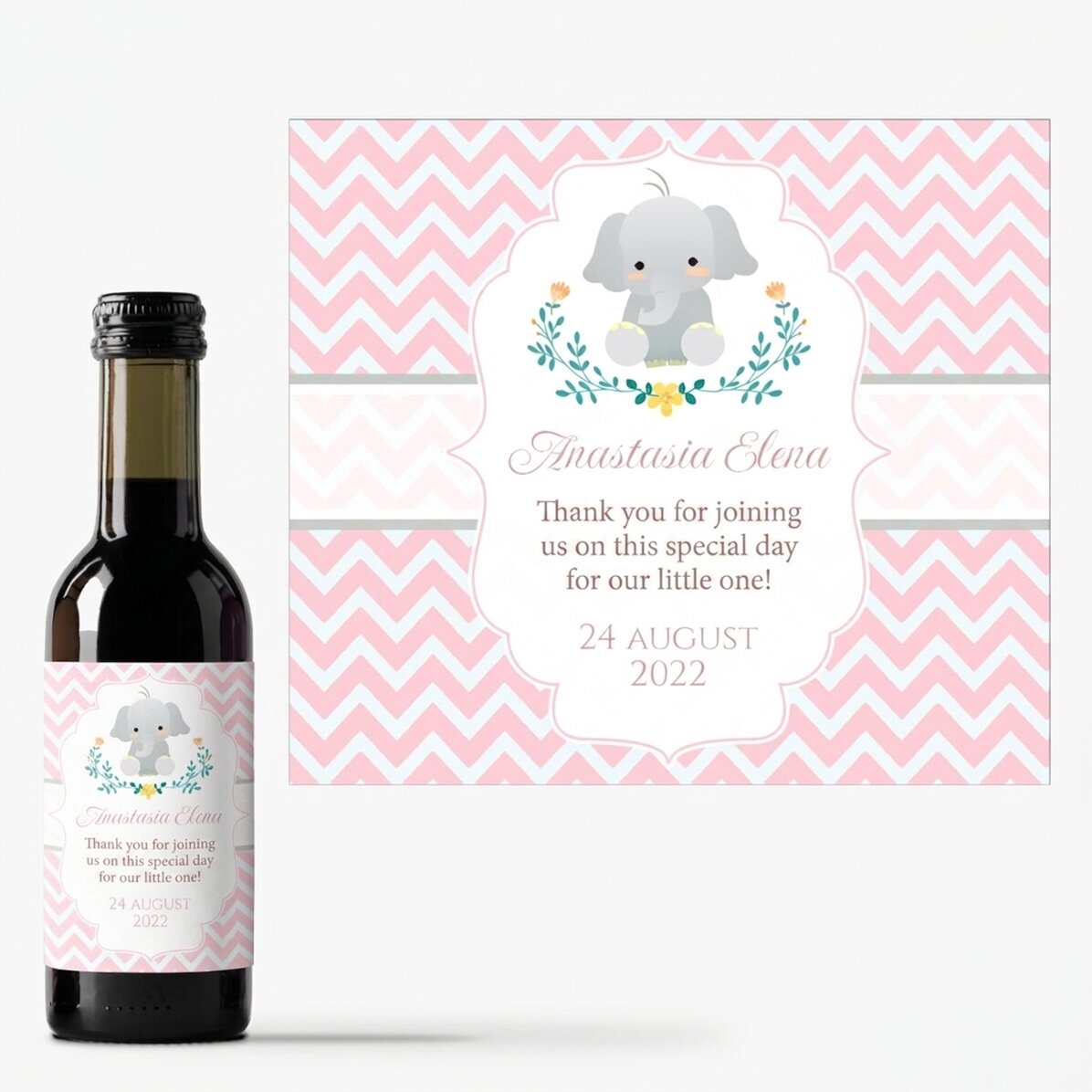 Personalisierte Mini-Weinflasche als Taufgeschenk mit Text – Elefant