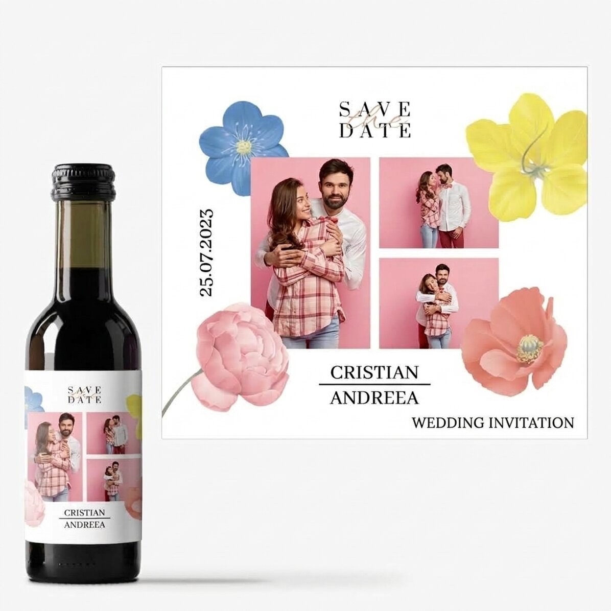 Personalisierte Mini-Weinflasche mit 3 Fotos und Text – Save the Date