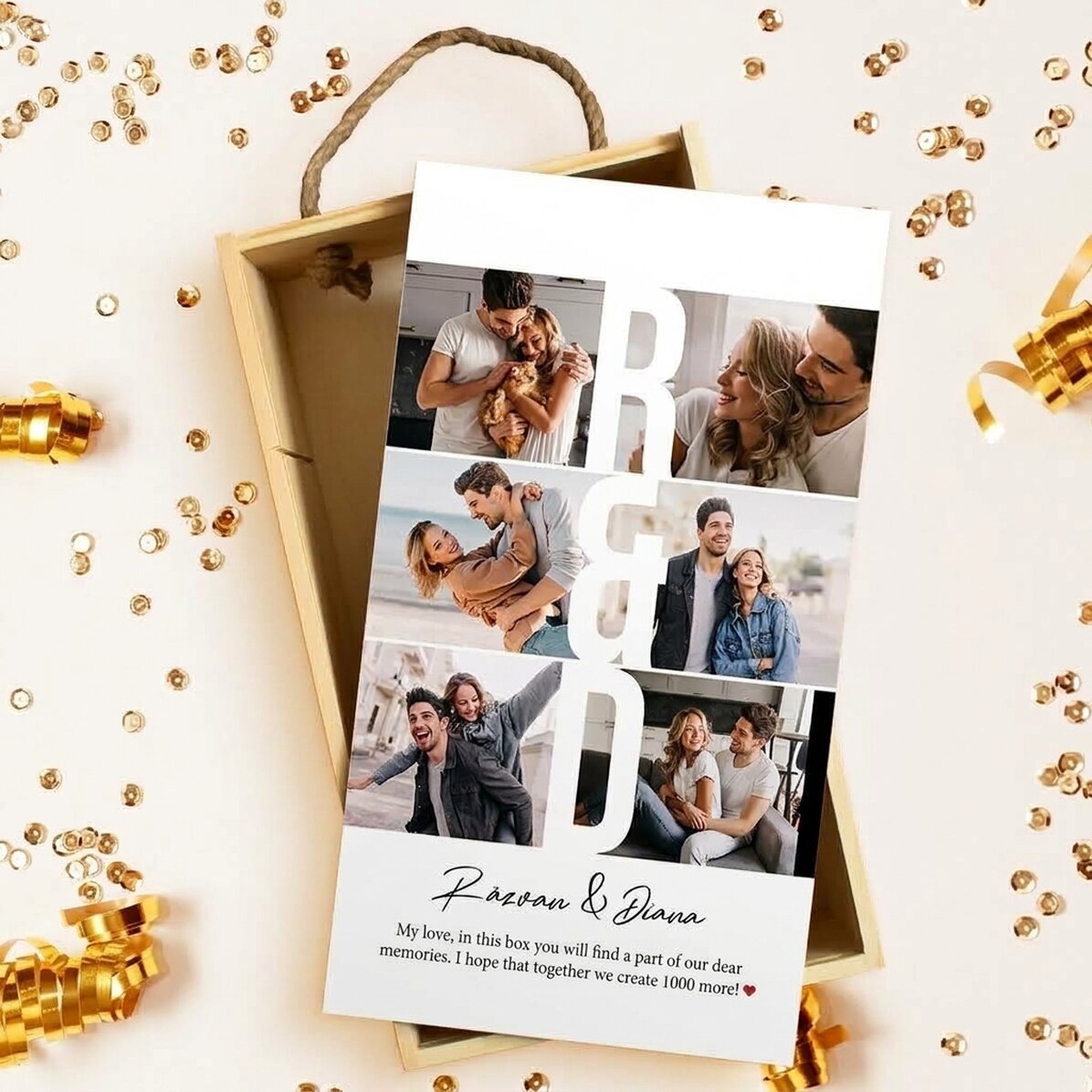 Personalisierte Geschenkbox aus Holz mit 6 Fotos und einer Botschaft – Liebevolle Erinnerungen