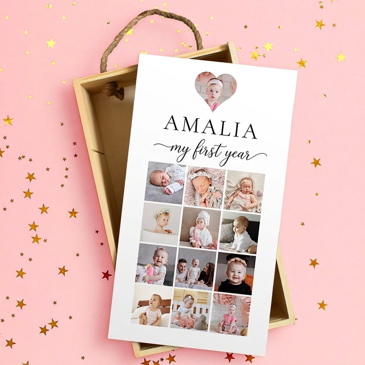 Personalisierte Geschenkbox aus Holz mit 13 Fotos und Text – Mein erstes Jahr