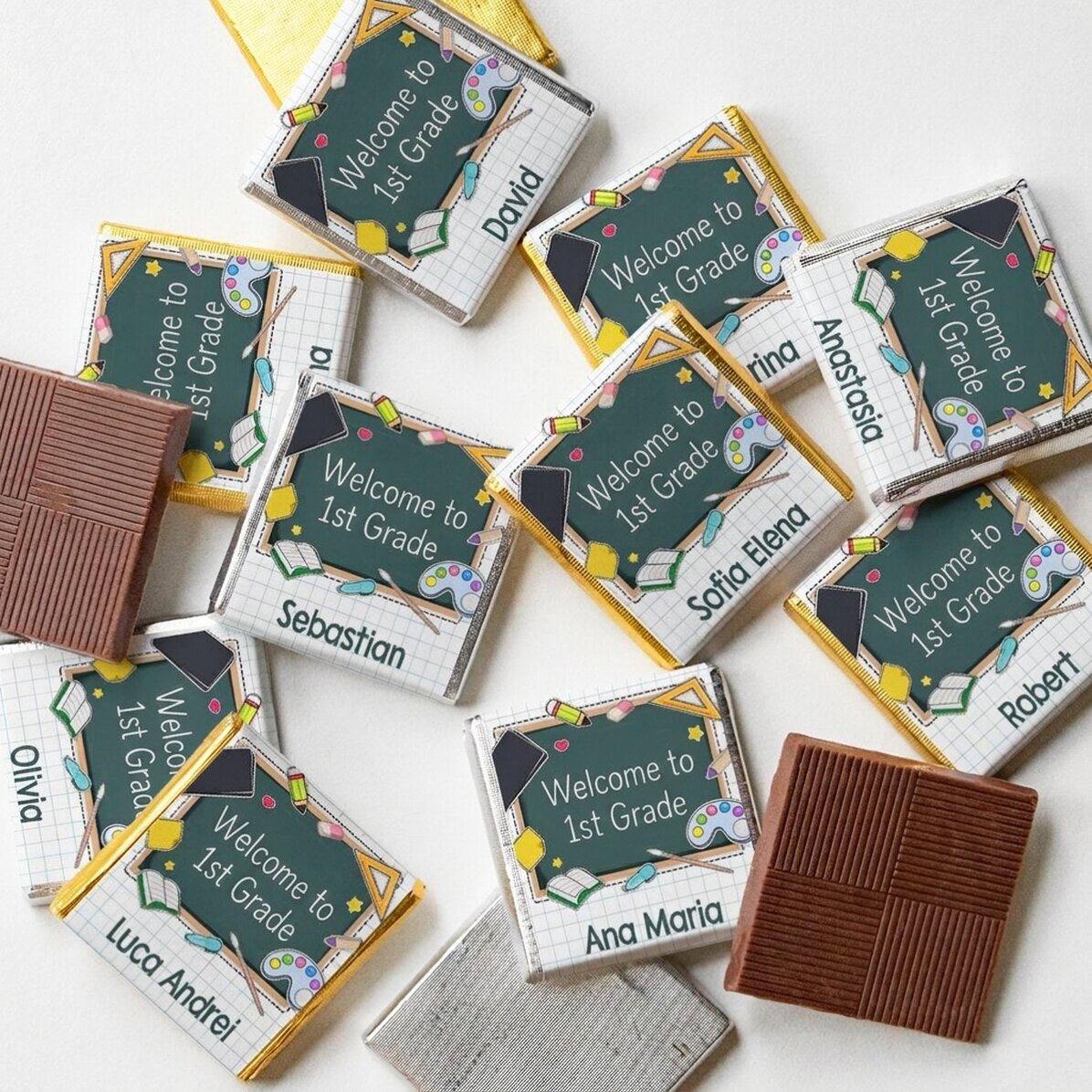 Set mit 10 personalisierten Mini-Pralinen mit Aufschrift zum Schuljahresbeginn