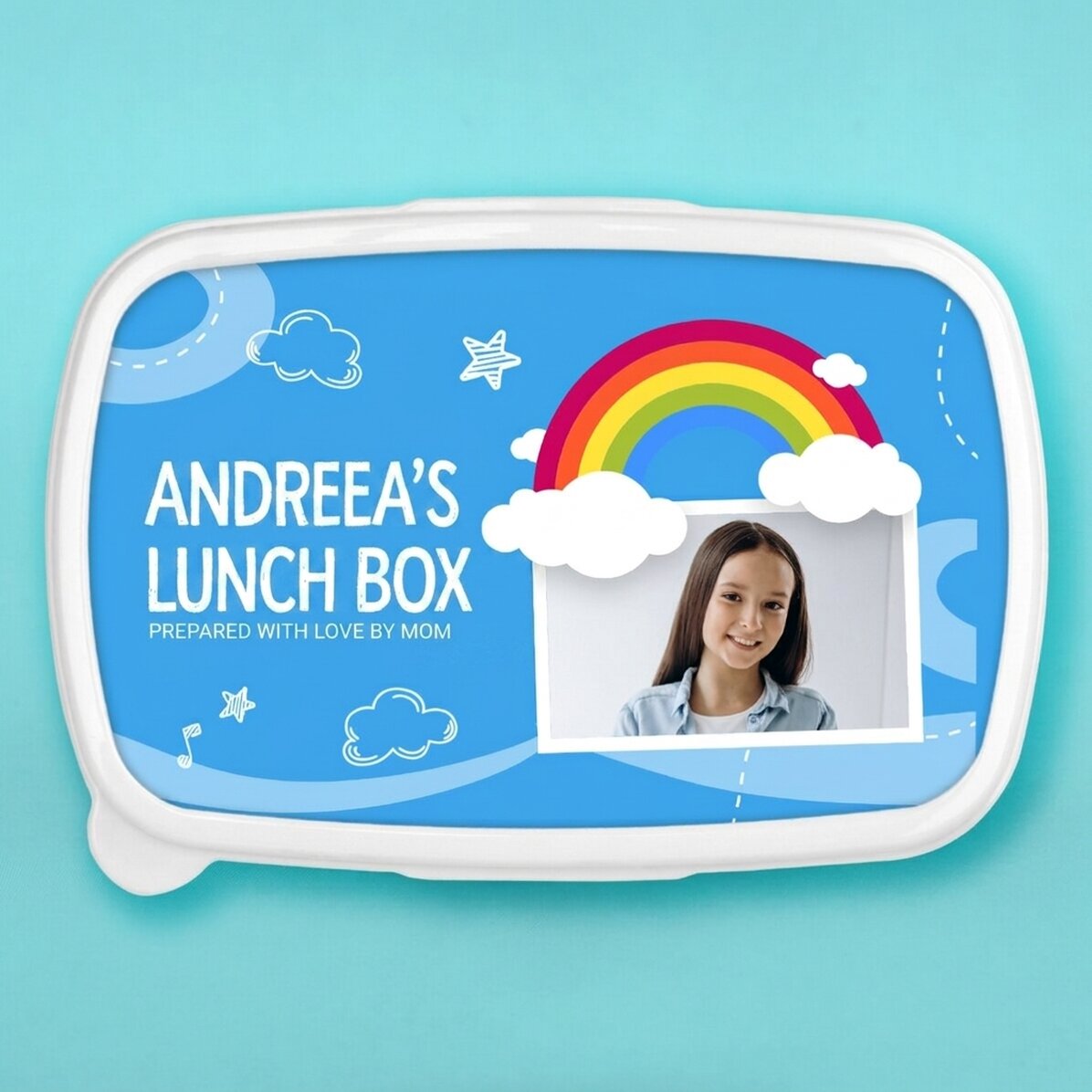 Lunchbox, personalisierte Auflaufform mit Foto und Namen – Modell „Regenbogen“