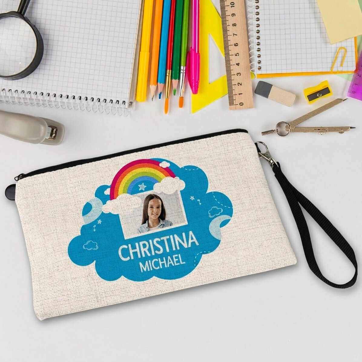 Personalisiertes Schulset mit Foto und Text – Regenbogen-Motiv