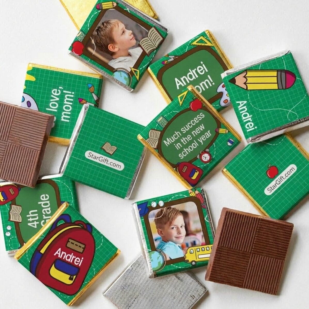 Set mit 10 personalisierten Mini-Pralinen mit Fotos und Text zum Schuljahresbeginn