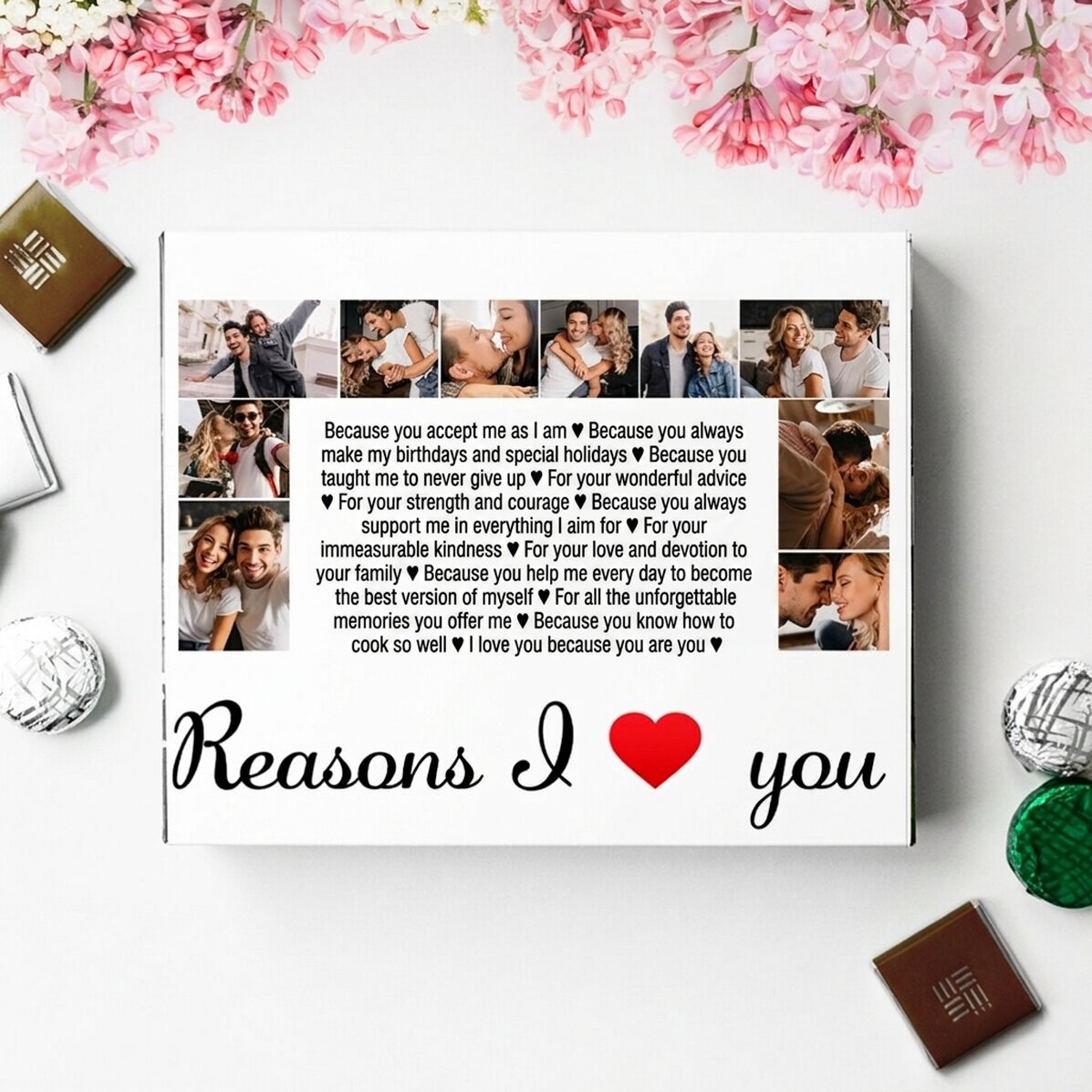 Personalisierte Pralinenschachtel mit 20 Fotos und Text – Gründe, warum ich dich liebe