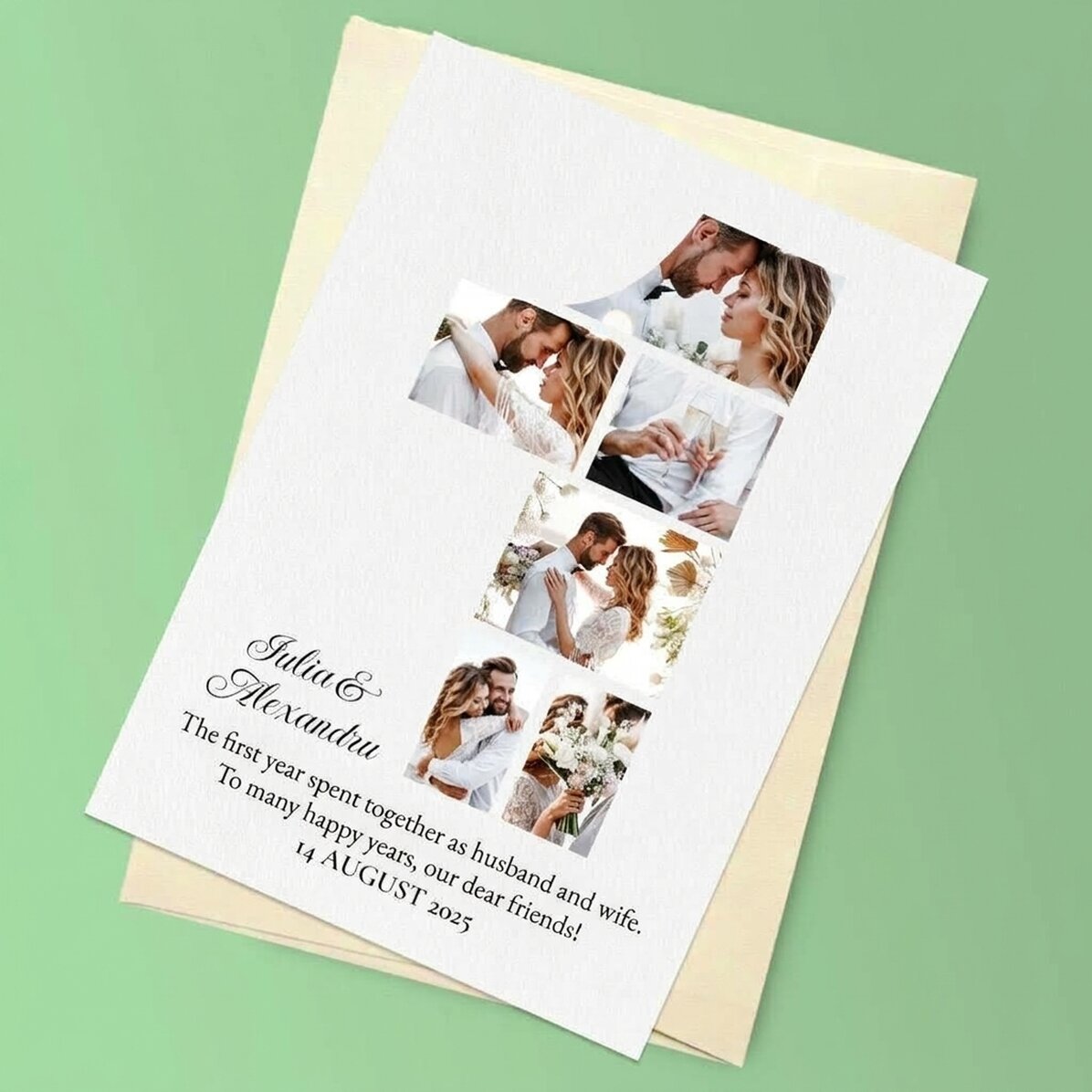 Personalisierte Magnetkarte mit 6 Fotos und Text zum ersten Geburtstag