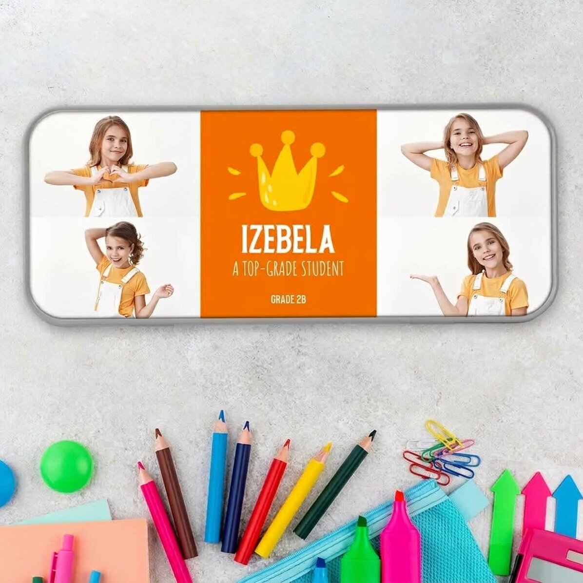 Personalisiertes Federmäppchen mit 4 Fotos und Text – Der beste Schüler