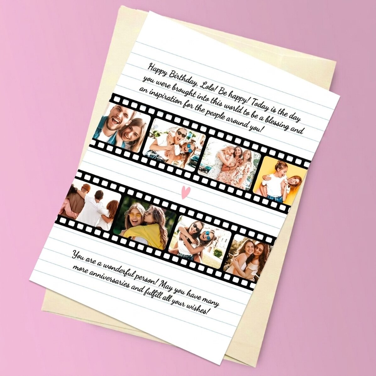 Personalisierte Magnetkarte mit 8 Fotos und Text – Fotos auf Film
