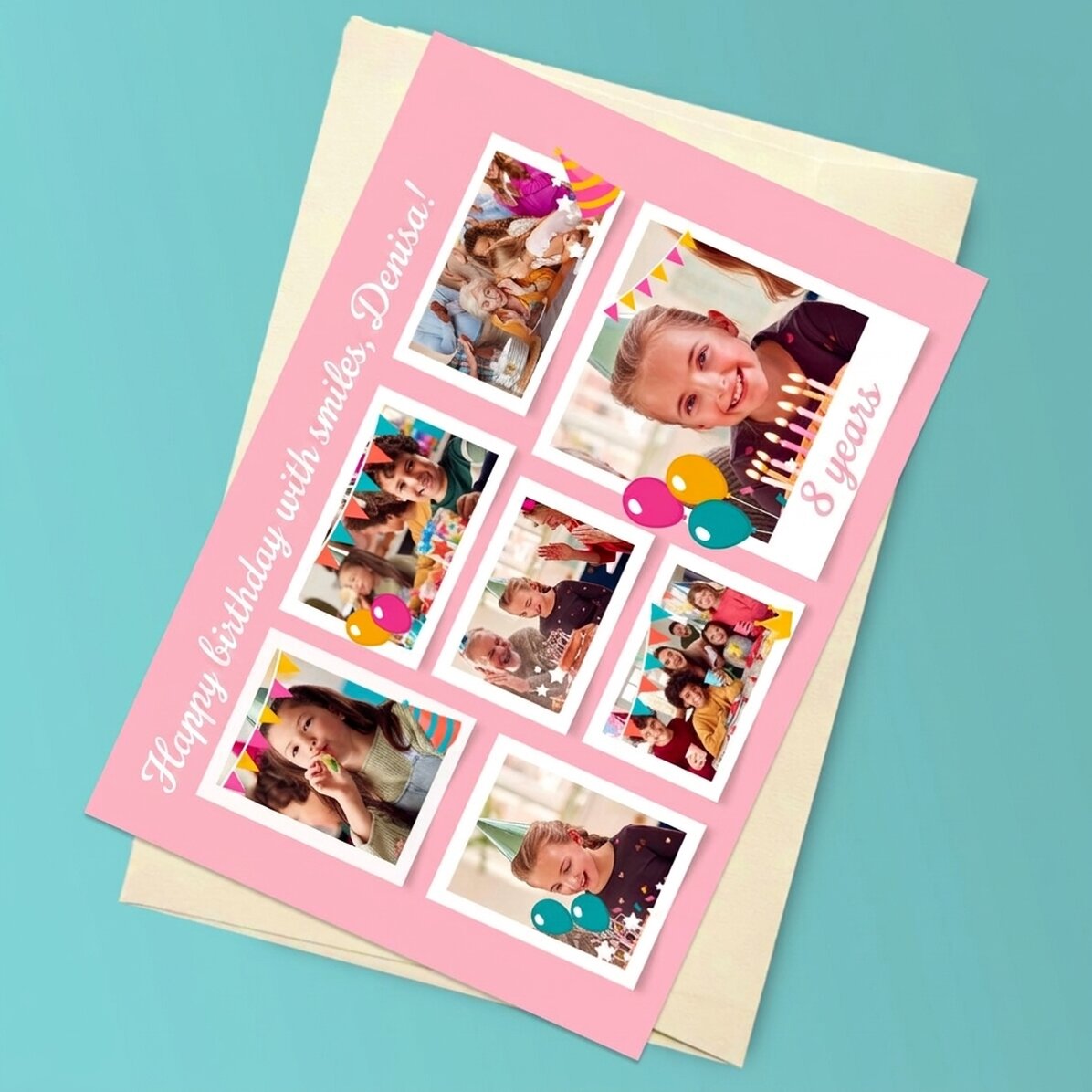 Personalisierte Magnetkarte mit 7 Fotos und einer Botschaft für Kinder
