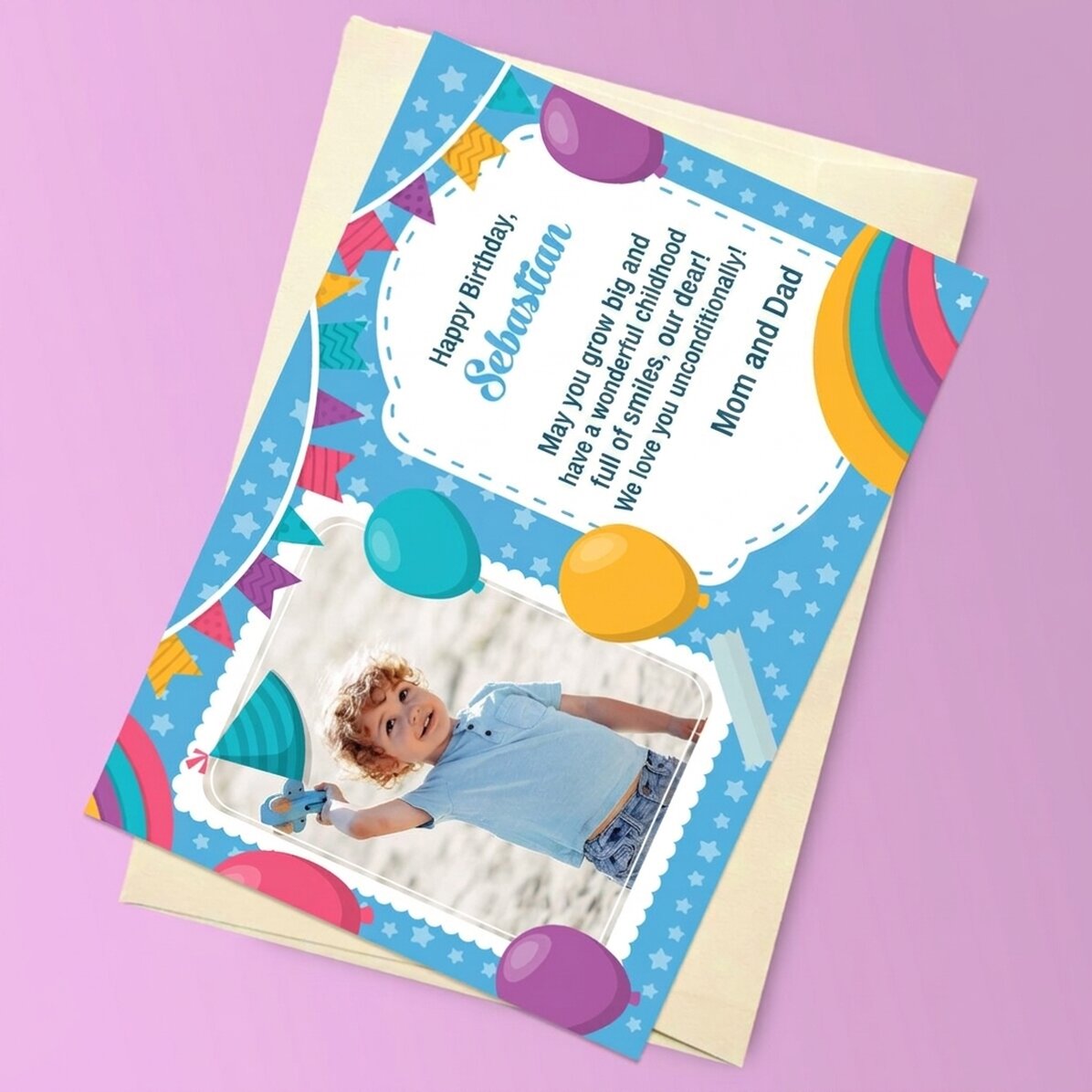 Personalisierte Magnetkarte mit einem Foto und einer Botschaft für Kinder