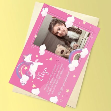 Personalisierte Magnetkarte mit Foto und Grußtext für Kinder – Einhorn