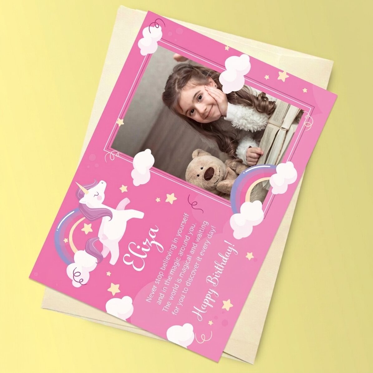 Personalisierte Magnetkarte mit Foto und Grußtext für Kinder – Einhorn