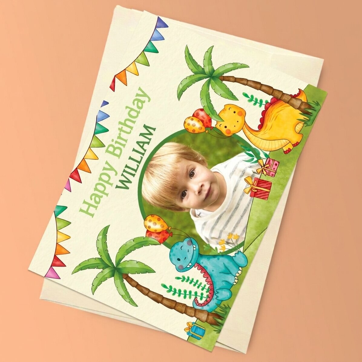 Personalisierte Magnetkarte mit Foto und Grußtext für Kinder – Dinosaurier