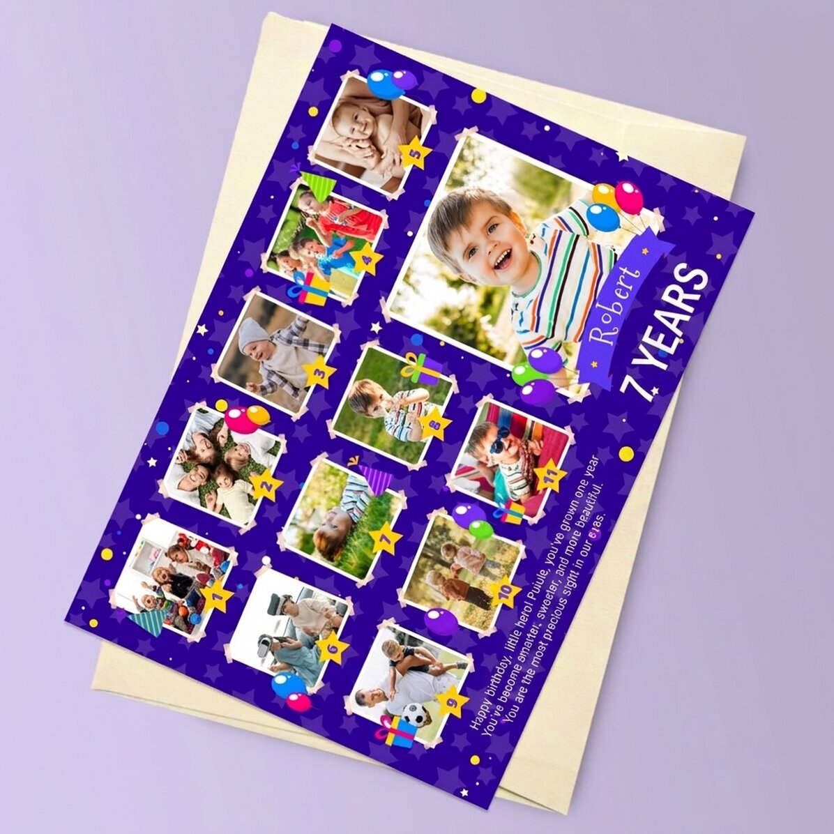 Personalisierte Magnetkarte mit 12 Fotos und einer Botschaft für Kinder – Geburtstag