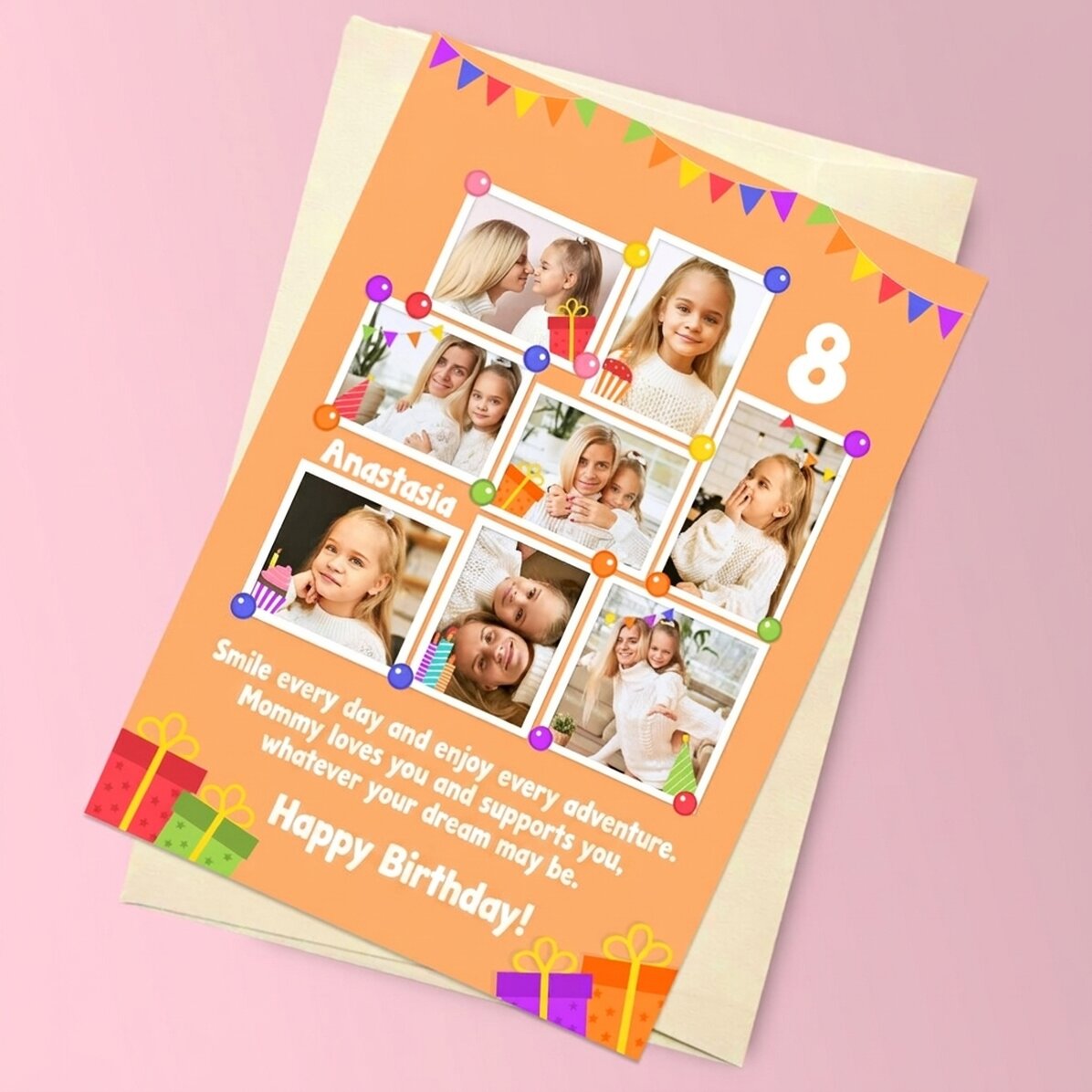 Personalisierte Magnetkarte mit 8 Fotos und einer Botschaft für Kinder – Geburtstag
