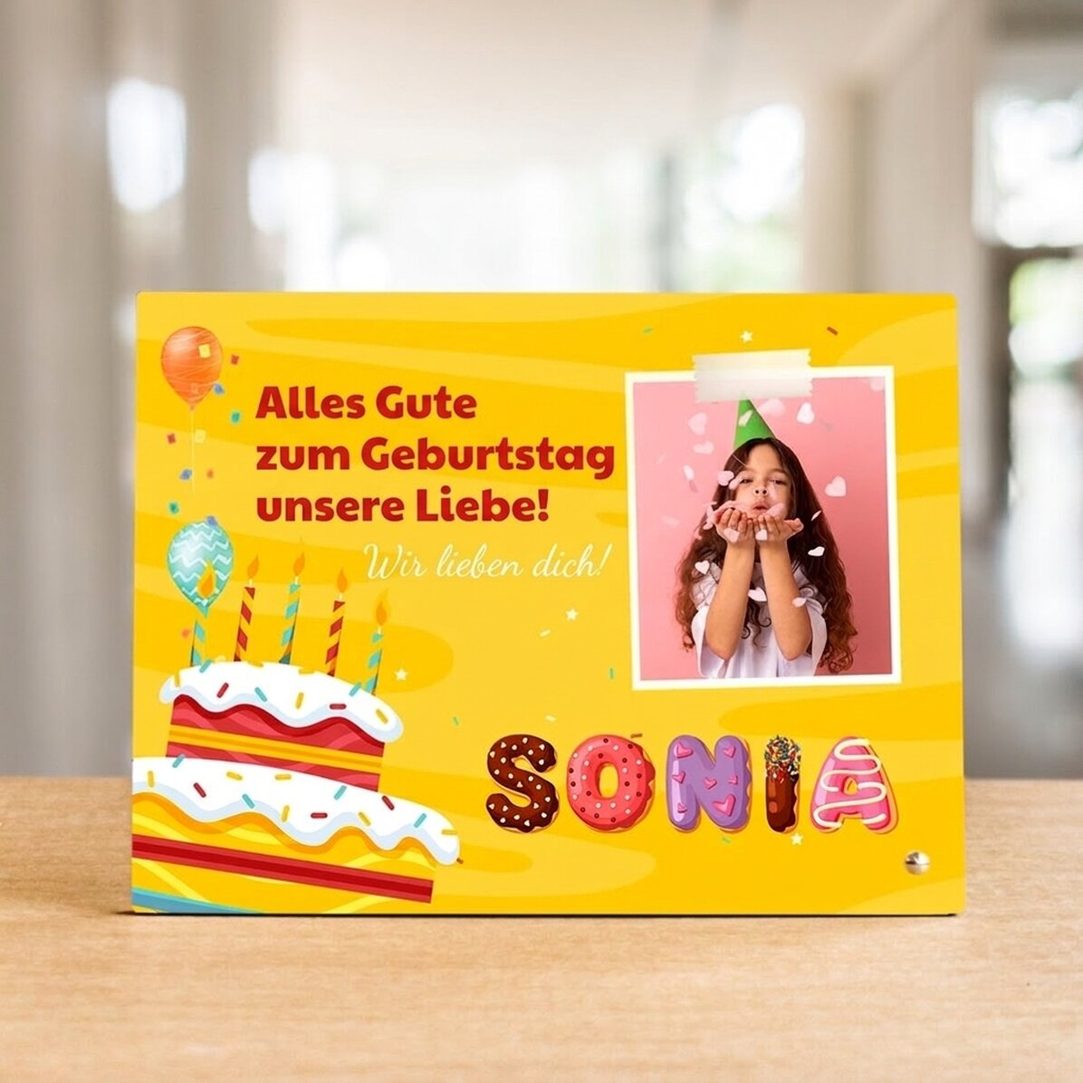 Personalisierter Fotorahmen für den Schreibtisch mit einem Foto, einem Text und einem besonderen Nam