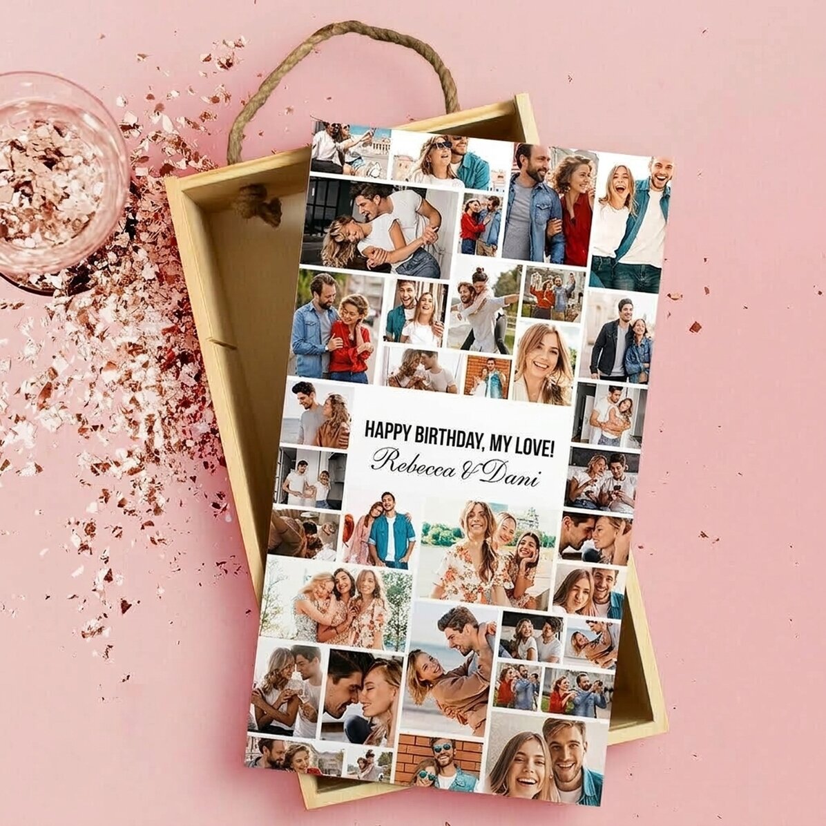 Personalisierte Geschenkbox aus Holz mit 35 Fotos und Text