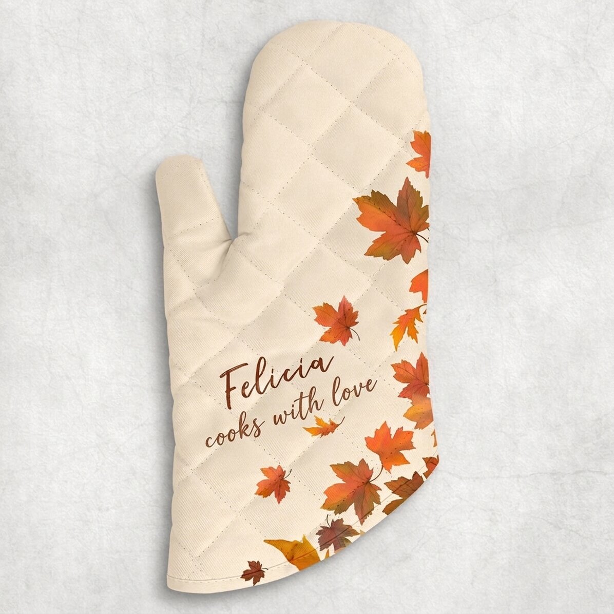 Personalisierter Küchenhandschuh mit Schriftzug – Herbstblätter