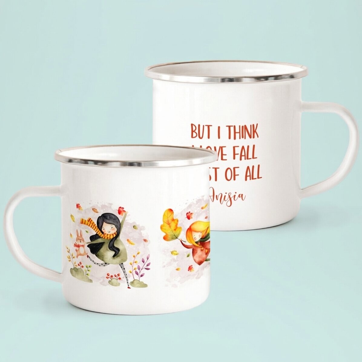 Emaillierter Metallbecher mit Aufdruck – „I love fall most of all“