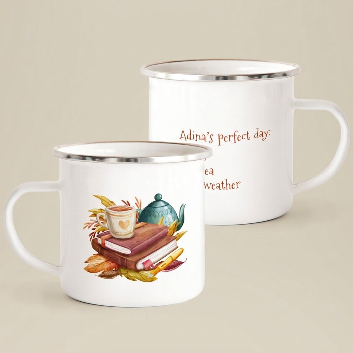 Emaillierter Metallbecher mit Aufdruck – „My perfect day“