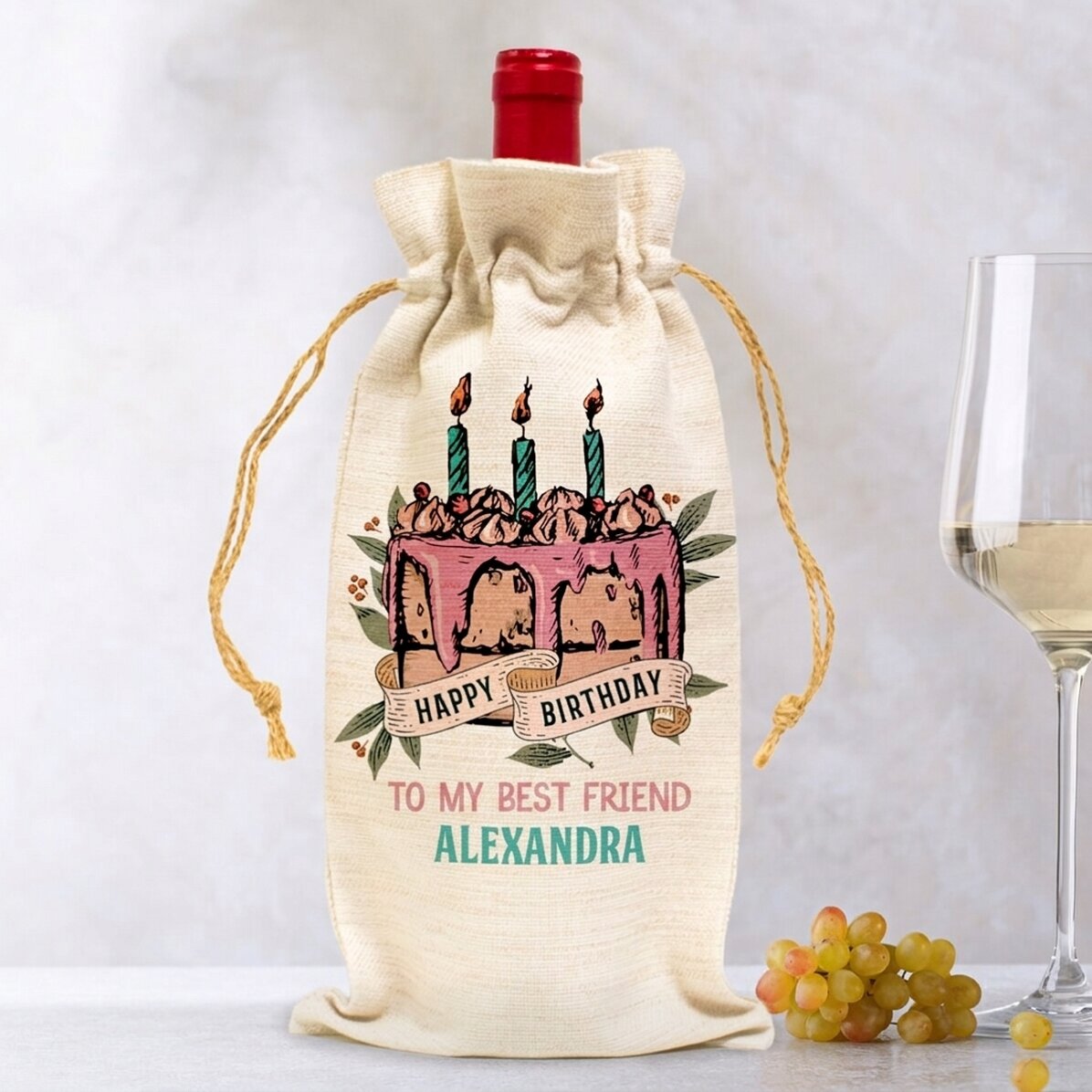 Personalisierte Tragetasche für eine Weinflasche – Happy Birthday Retro