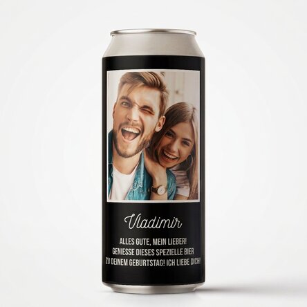 Bier in einer individuell gestalteten Dose mit einem Foto und einer Botschaft