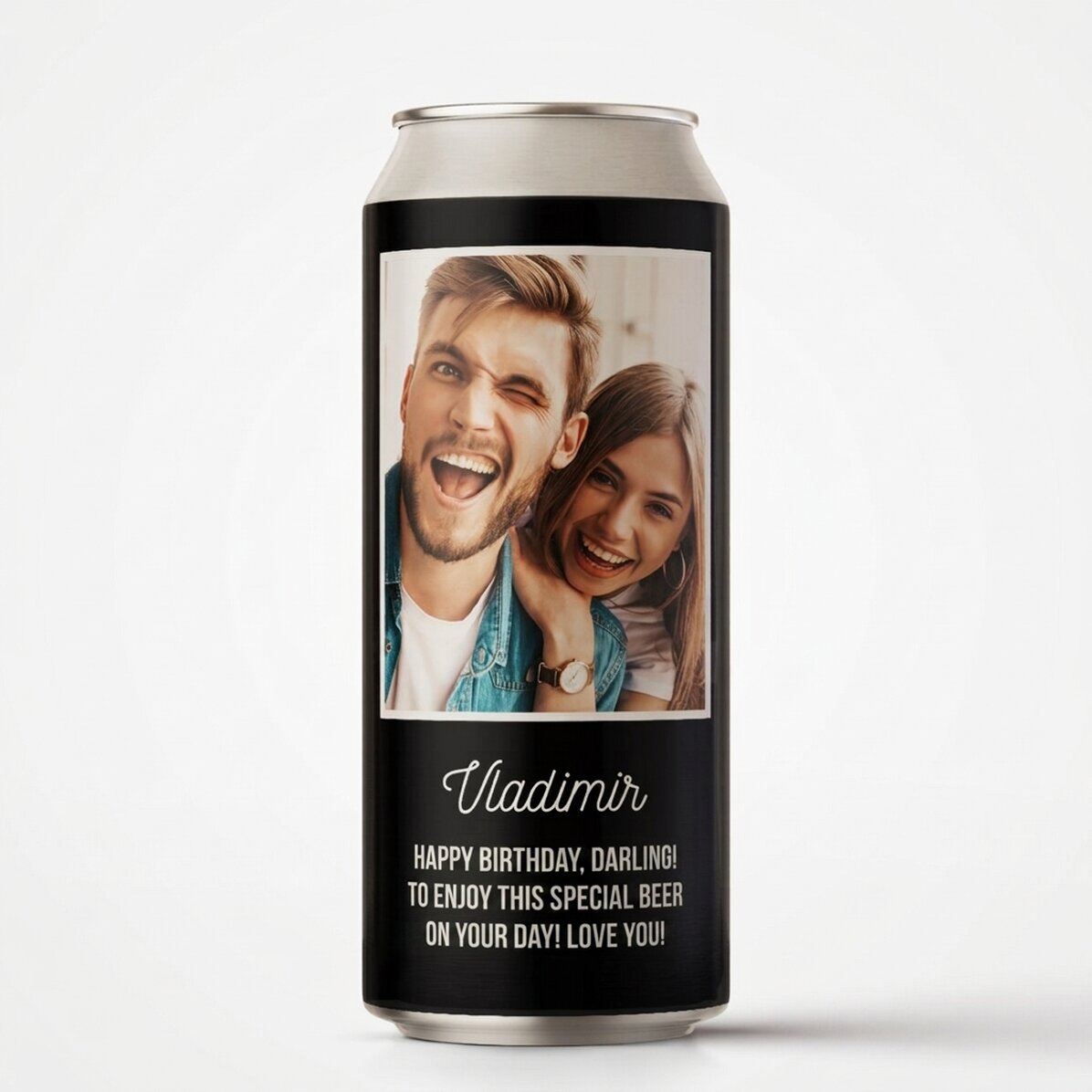 Bier in einer individuell gestalteten Dose mit einem Foto und einer Botschaft