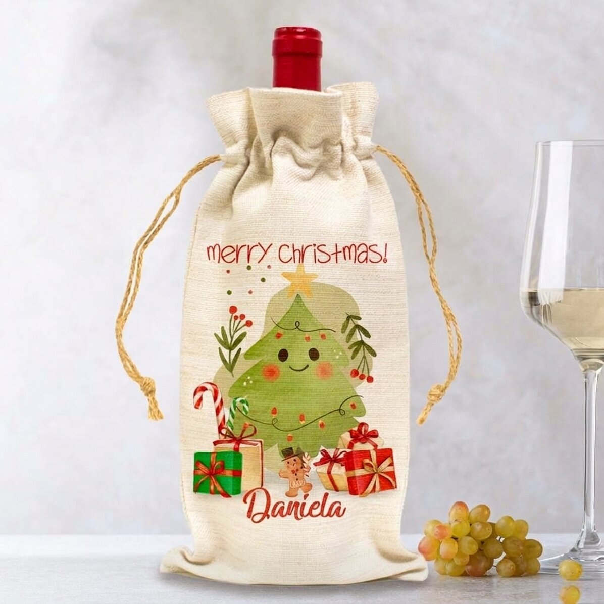 Personalisierte Tasche für eine Weinflasche – Weihnachtsmotiv