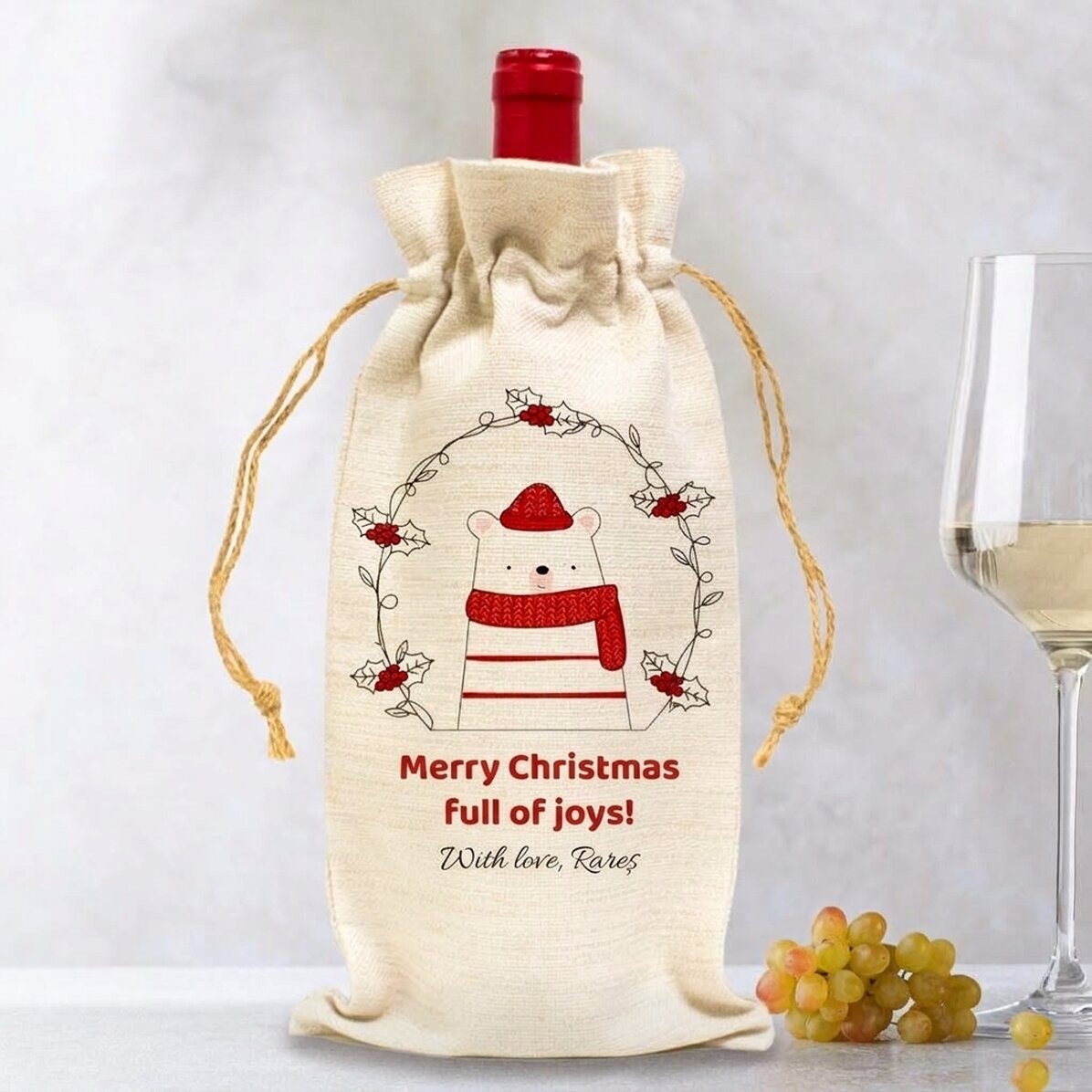Personalisierte Tasche für die Weinflasche – Modell „Weihnachtsbärchen“