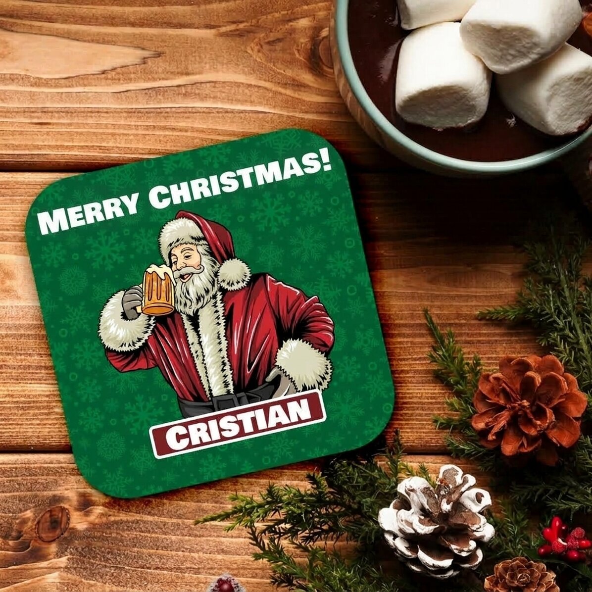 Personalisierter Gläserhalter mit Aufdruck – Weihnachtsmann mit Bier