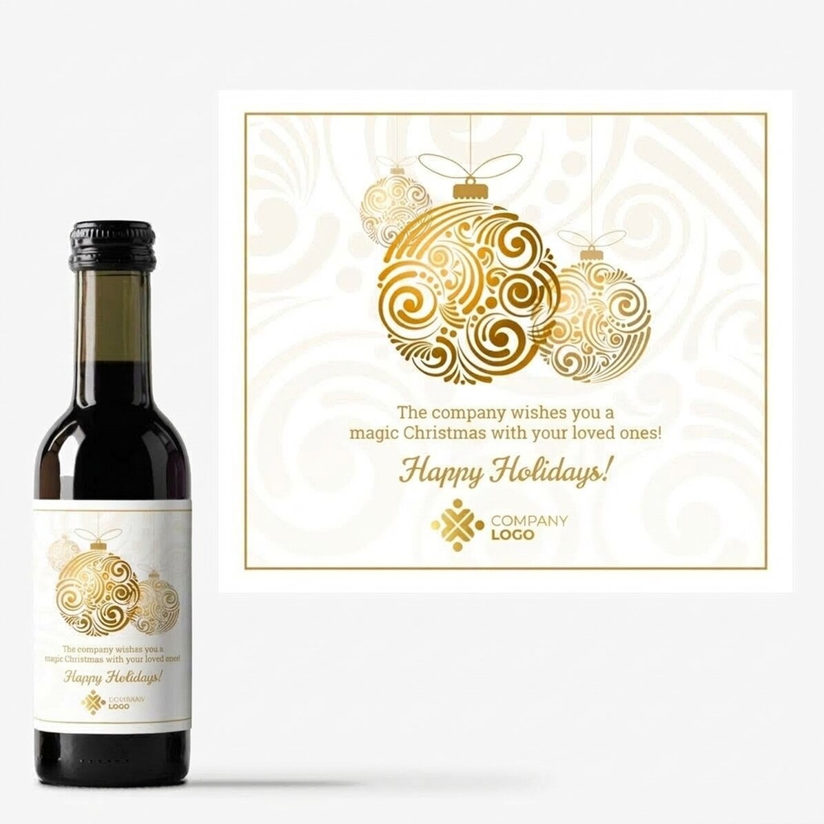 Personalisierte Mini-Weinflasche mit Logo und Botschaft – Goldene Weihnachtskugeln