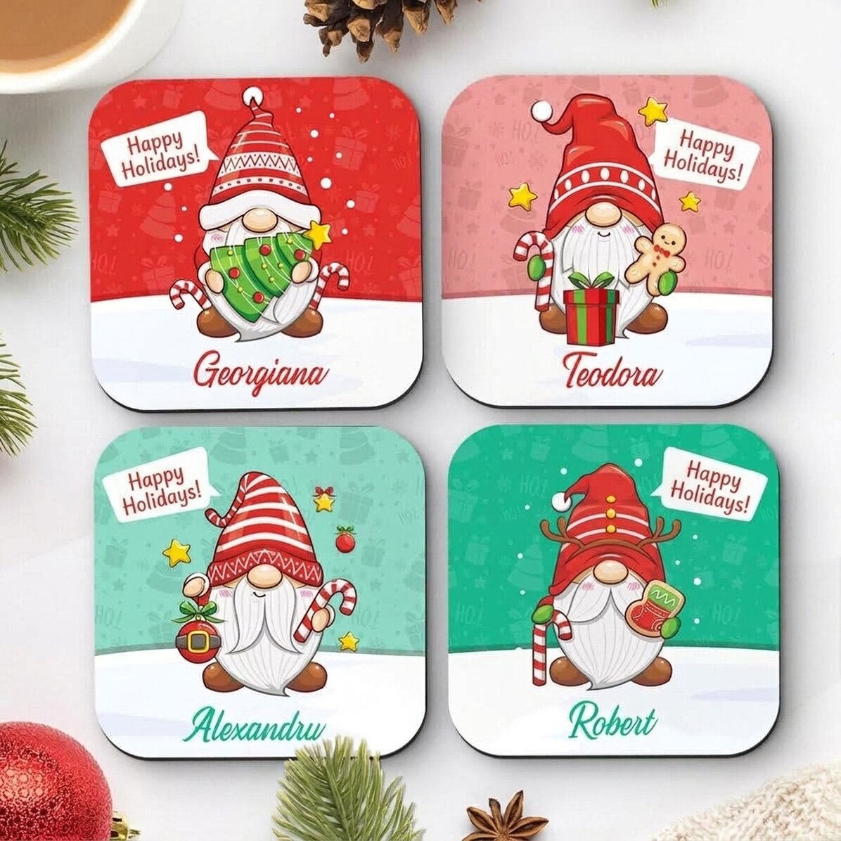 Set mit 4 personalisierten Untersetzern mit Text – Weihnachtsmotiv