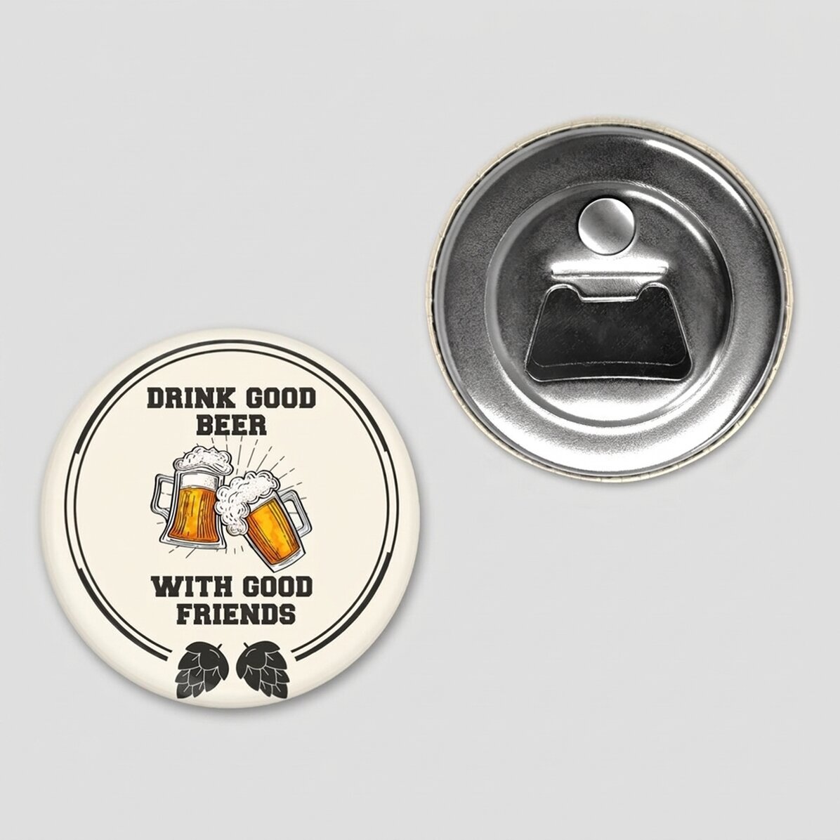 Personalisierter Flaschenöffner mit Magnet und Aufschrift – „Good beer with good friends“