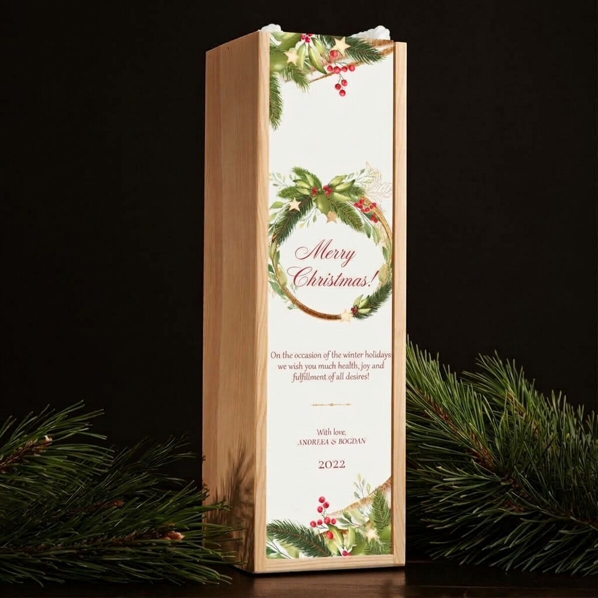 Personalisierte Weinkiste mit Weihnachtstext – Frohe Weihnachten!
