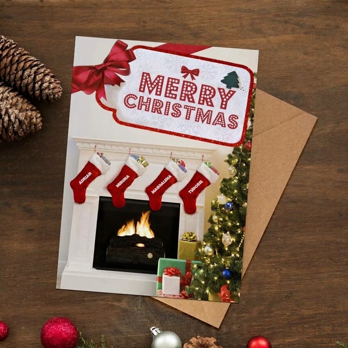 Personalisierte Magnetkarte mit Weihnachtstext – Socken am Kamin