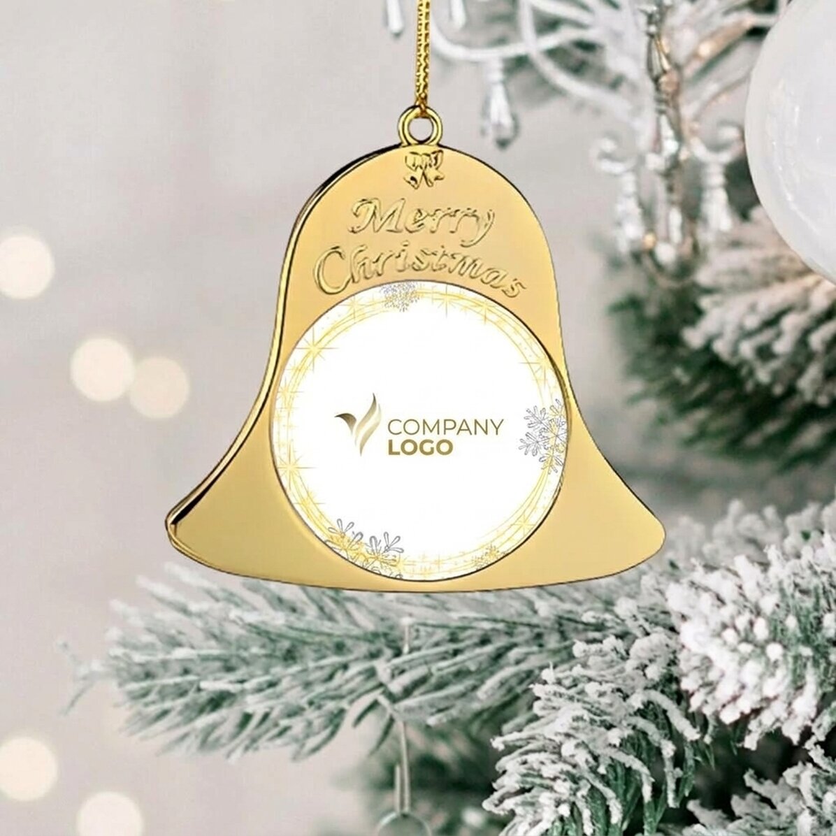 Individuell gestaltete Christbaumkugel – Vorderseite und Rückseite mit Logo – Modell „Glöckchen“