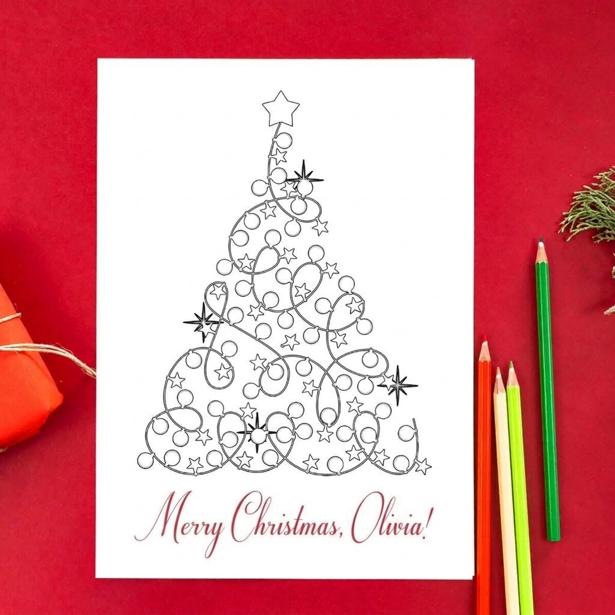 Individuell gestaltete Weihnachtskarte zum Ausmalen mit Weihnachtsgruß