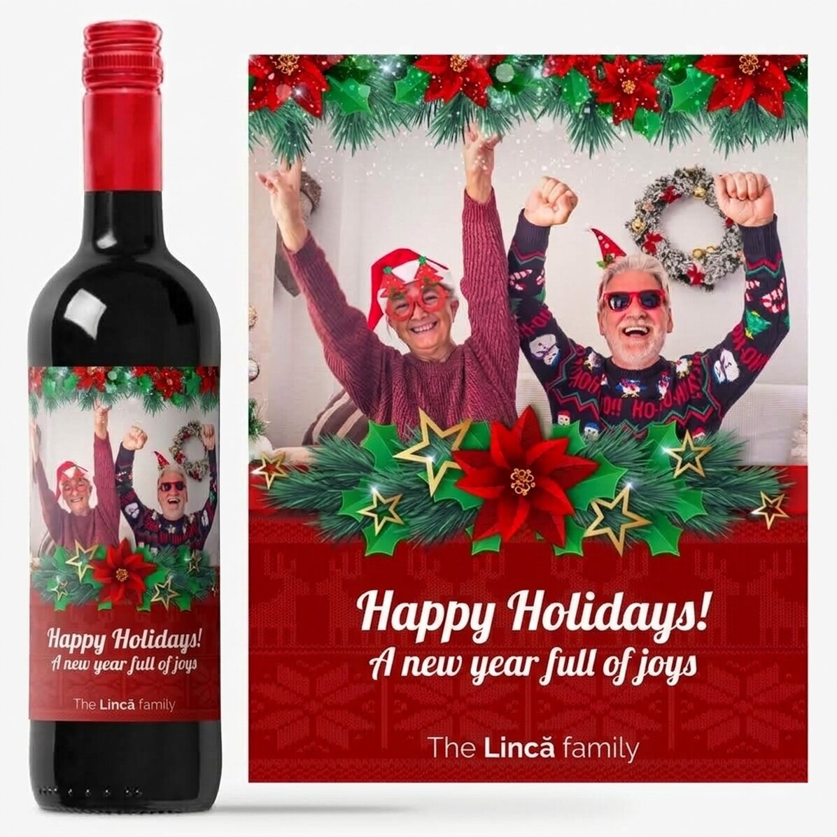 Personalisierter Wein mit einem Foto und einer Festtagsbotschaft für die Großeltern