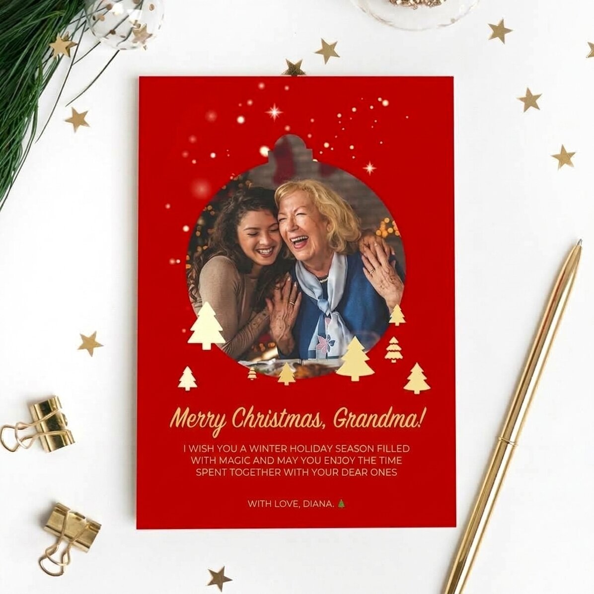Personalisierte Magnetkarte mit einem Foto und einer Weihnachtsbotschaft für die Großeltern