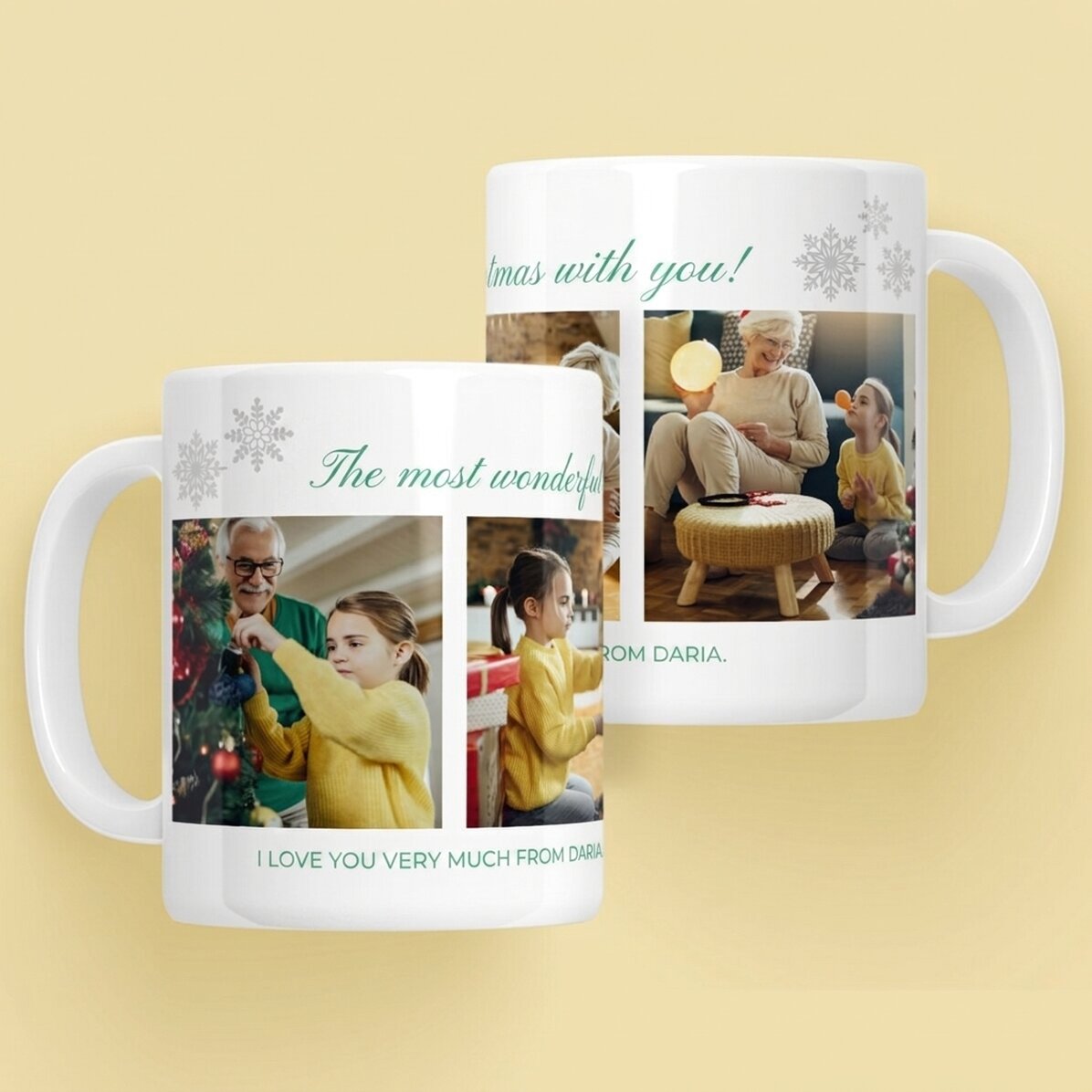 Personalisierte Tasse mit 4 Fotos und einer Weihnachtsbotschaft für die Großeltern